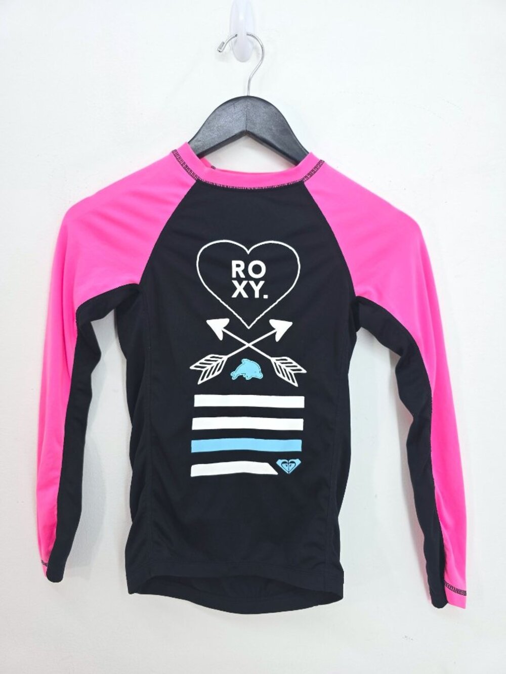 ROXY Black Pink BIg Logo Long Sleeve Swim Rashguard Girls Size M